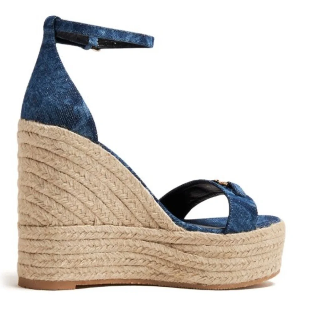 VERSACE Medusa Barocco Denim Wedge Sandals, NWT + Box & Dust Bag